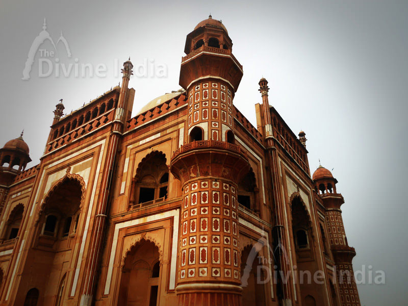 view of two sides, shot from below of  Safdarjung Tomb