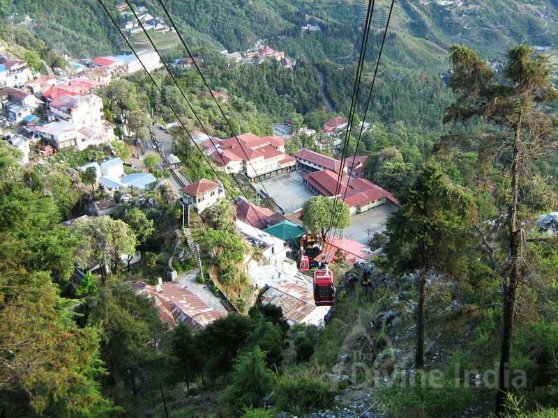 Mussoorie - A view down from the famous Gunhill. Cable cars can be seen commuting up and down
