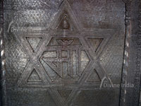 Devi Chandi Devi Jaya and Devi Vijaya emboss picture at Chinpturni temple entrance gate